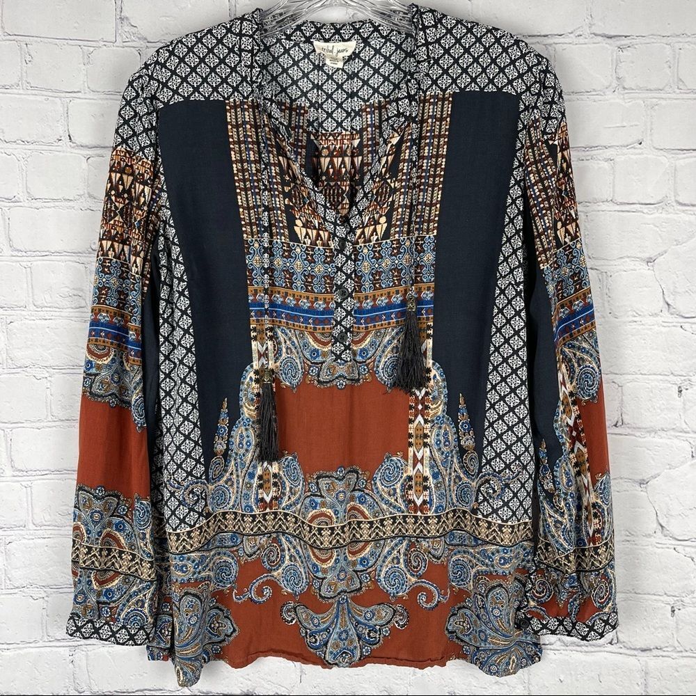TRIBAL JEANS women's longsleeve top boho mixed print tassel peasant style size S